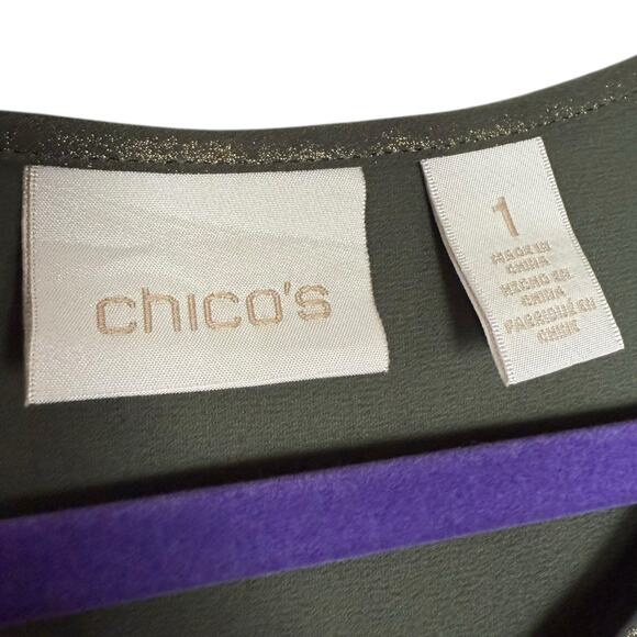 Chicos Olive Green & Gold Shimmer short sleee tunic with assymetrical hem Medium - Picture 7 of 9